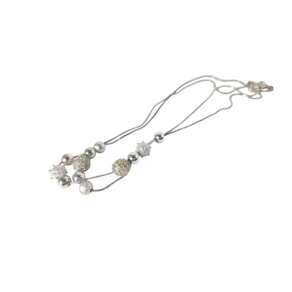 Silver Tone Multi Strand Snake Chain Necklace Textured Crystal Beads Layered‎